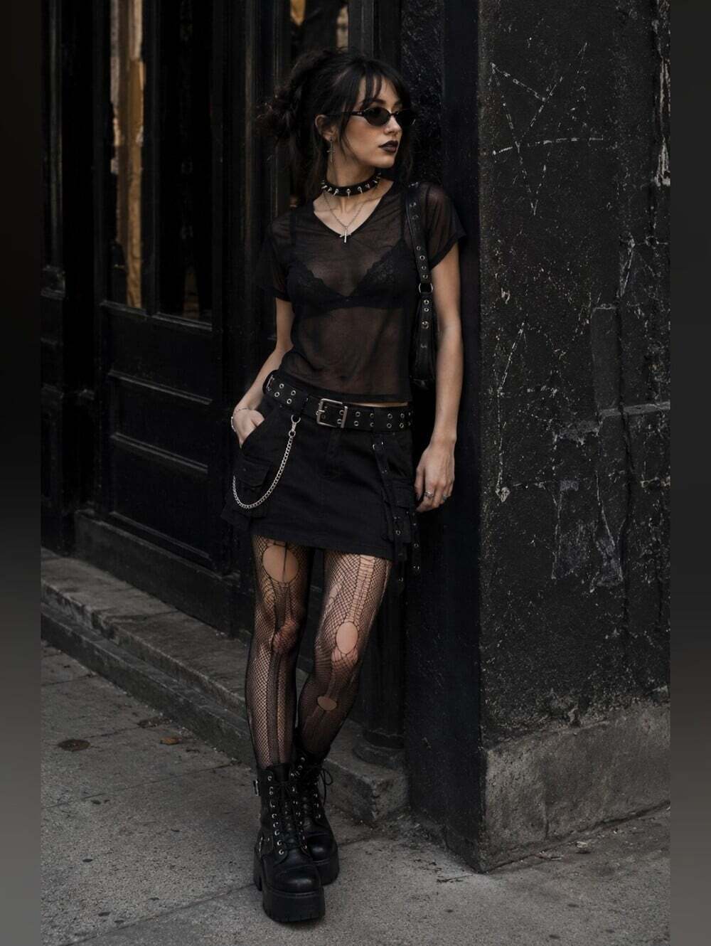 Vintage CHOOSE Black Sheer Mesh Top Y2K Goth Layering Tee Medium